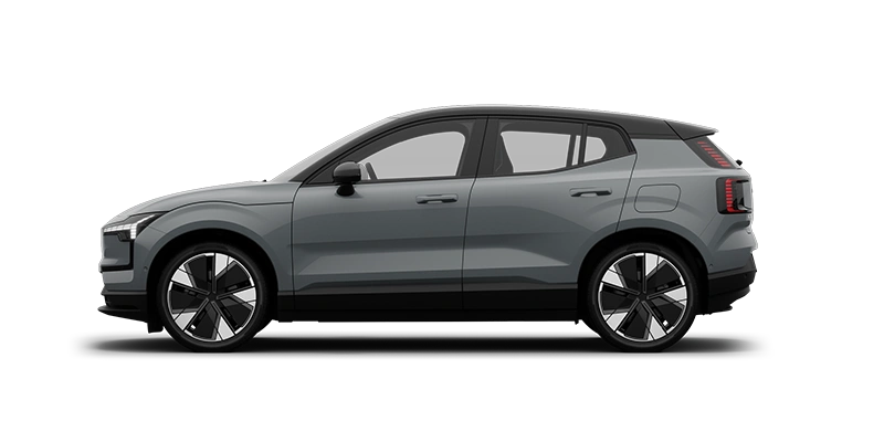 Vue latérale d’un Volvo EX30 Gris Brume