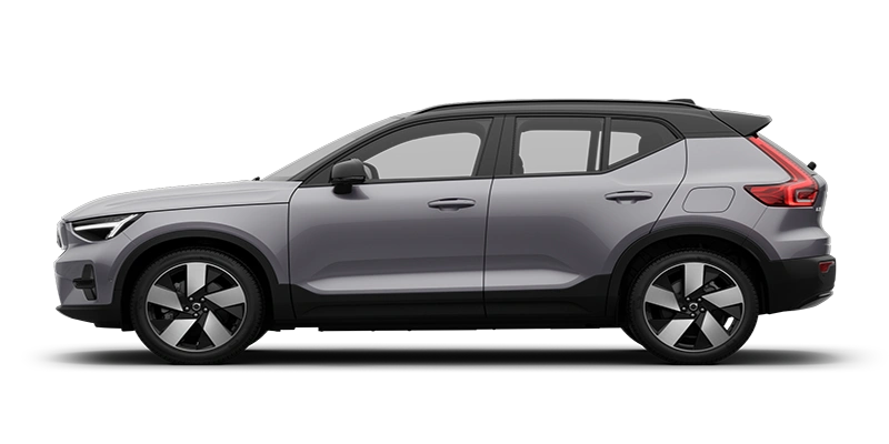 Vue latérale d’un Volvo EX40 Gris Brume